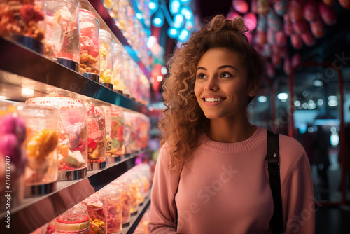 A pretty and happy young woman in a candy shop looking at the candies around her. Generative AI