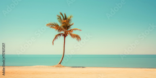 Palm on a sunny tropical sea shore under turquoise sky. Vacation concept. Generative AI