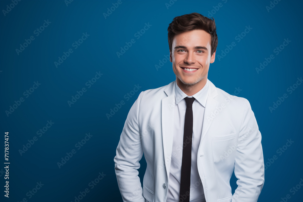 Young doctor smiling at the camera with blue background and copy space. Generative AI Young doctor smiling at the camera with blue background and copy space. Generative AI