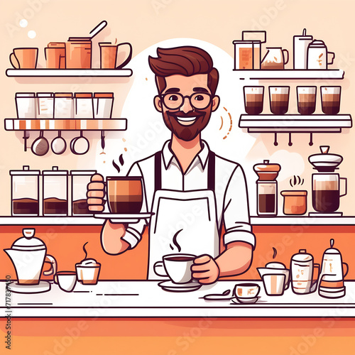 Flat illustration of a barista in a cafe making coffee, coffee brown and cream, gradient, isolate on white