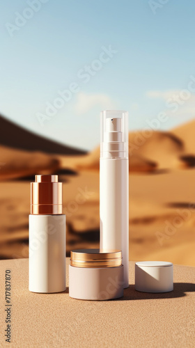 Cosmetic bottles on the sandstone with a blurred desert backdrop.Natural organic cosmetic mock up. Generative AI.