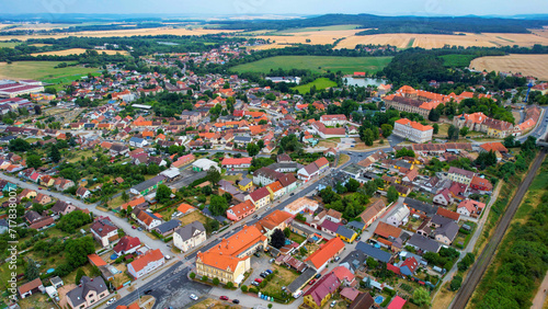 Aerial view around the old town and monastery Chotesov in the czech republic on a cloudy day in late Spring