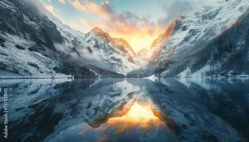 Beautiful snowy mountains lake and waterfall. minimalist nature. golden light. reflection