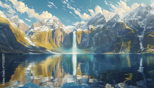 Beautiful snowy mountains lake and waterfall. minimalist nature. golden light. reflection