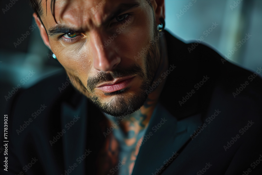 tanned skin, hot and attractive Italian mafia billionaire with a tattoo on his neck , wearing a luxurious black suit. Looking at camera with piercing and sensual gaze . tanned skin, hot and attractive Italian mafia billionaire with a tattoo on his neck , wearing a luxurious black suit. Looking at camera with piercing and sensual gaze .