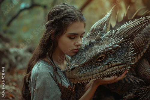 woman petting a dragon, forest landscape, medieval fantasy aesthetic. photo