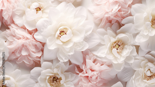 Aesthetic background with tender white and pink peonies. Copy space. Invitation or greeting concept. Generative AI