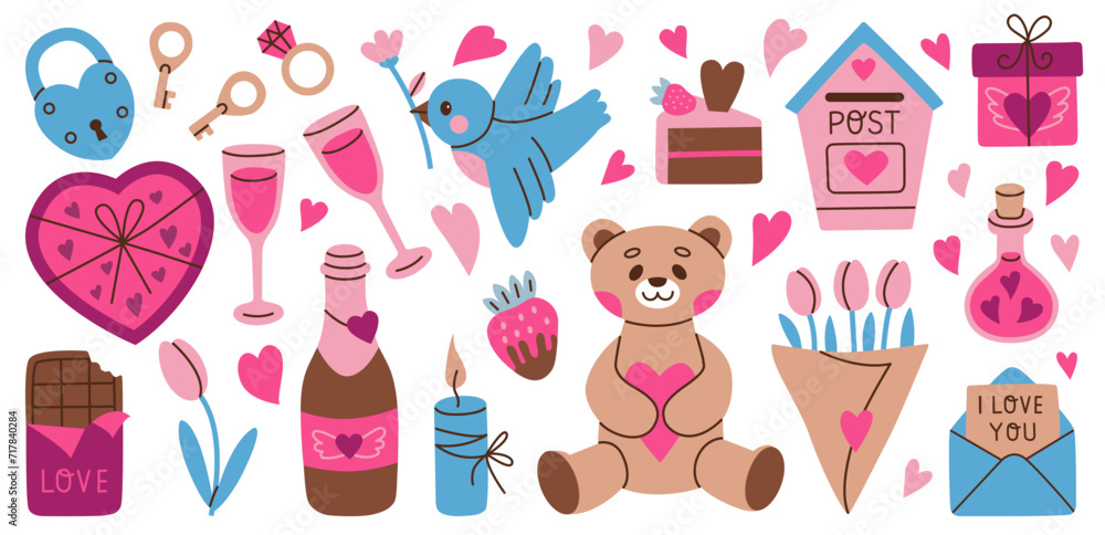 Valentine's day vector hand drawn elements set. Gift, heart, dessert, floral bouquets, candy, bear and other decoration.