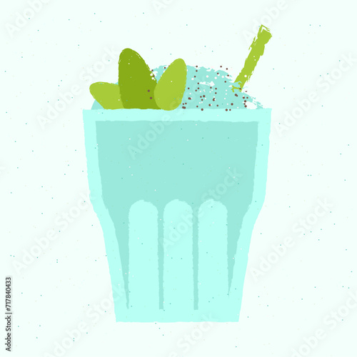 Tumbler glass. Blue lagoon cocktail with mint. Green alcohol drink for bar. Healthy smoothie in a rocks glass. Soft alcohol liquid for event. Healthy beverage. Flat vector illustration with texture