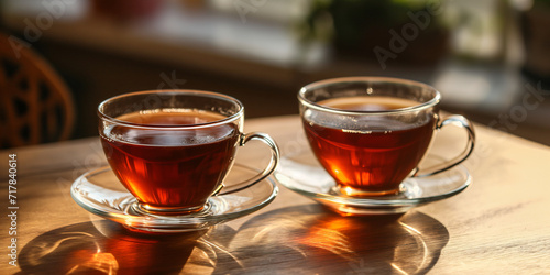 Two glass cups with black tea on a wooden table, morning sun. Banner template with place for text for advertising coffee shop, tea, autumn coziness.