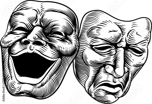 Theater or theatre drama comedy and tragedy masks in a vintage woodcut etching style
