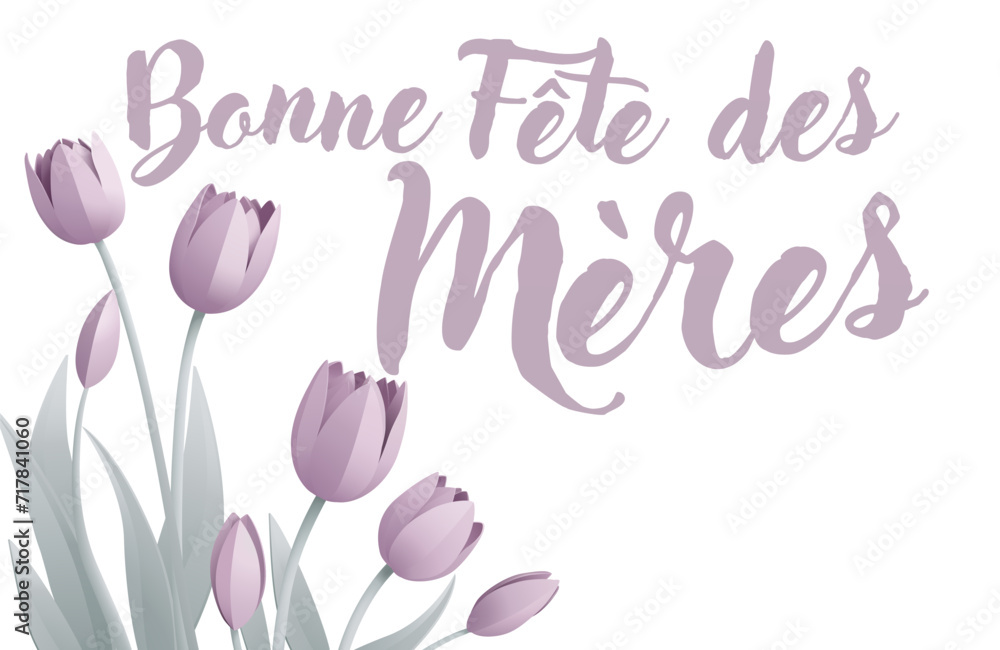 French Happy Mothers Day Bonne Fete Des Meres paper craft or paper cut origami style floral tulip flowers design. With lilac tulips background corner frame design elements.