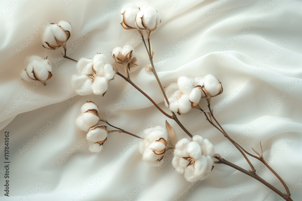 Cotton plant on a soft fabric. Background image. Created with Generative AI technology