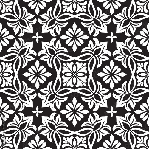Floral geometric seamless pattern. Black and white ornament. Fabric for ornament, wallpaper, packaging, vector background