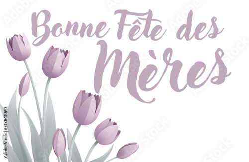 French Happy Mothers Day Bonne Fete Des Meres paper craft or paper cut origami style floral tulip flowers design. With lilac tulips background corner frame design elements. photo
