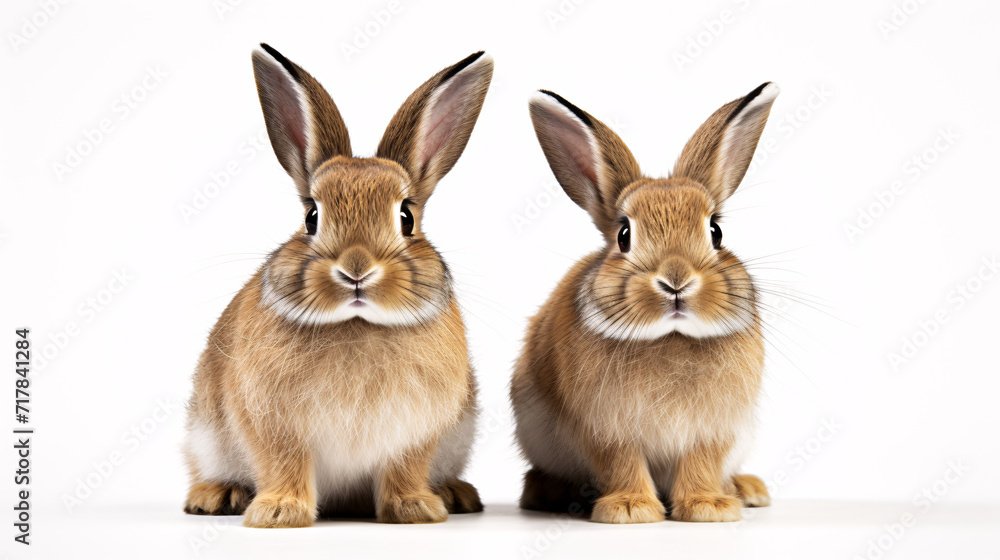 Two cute rabbits sitting on a white background. Isolated image. Two cute rabbits sitting on a white background. Isolated image.