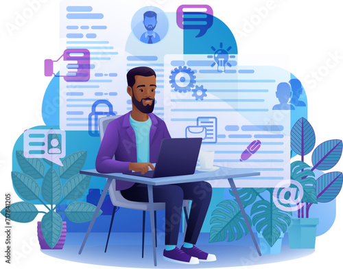 Man, person, remote working on laptop computer writing document possibly a resume or cv for online internet job search application recruitment agency website cartoon illustration.