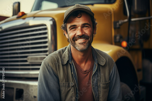 Portrait of a trucker in front of his truck