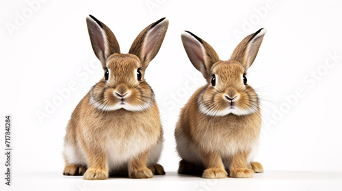 Two cute rabbits sitting on a white background. Isolated image.