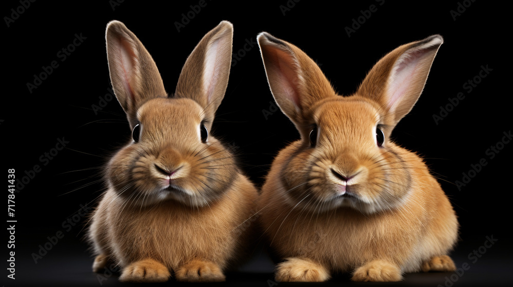 Two cute brown rabbits, isolated on black background, front view.