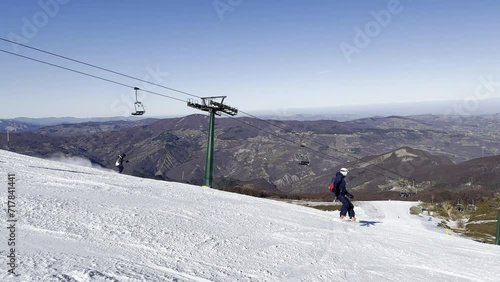 Snow-covered ski slope in the mountains above the Monte Cimone ski resort in the Modena Apennines, seen from the slope.