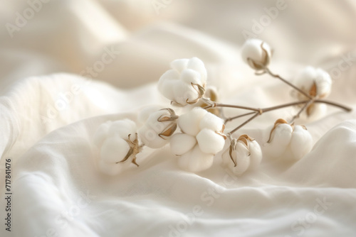 Cotton plant on a soft fabric. Background image. Created with Generative AI technology © Artem