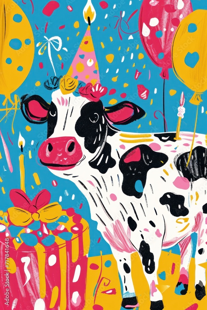 Happy farm animal dons a birthday hat for the card. Happy farm animal dons a birthday hat for the card.