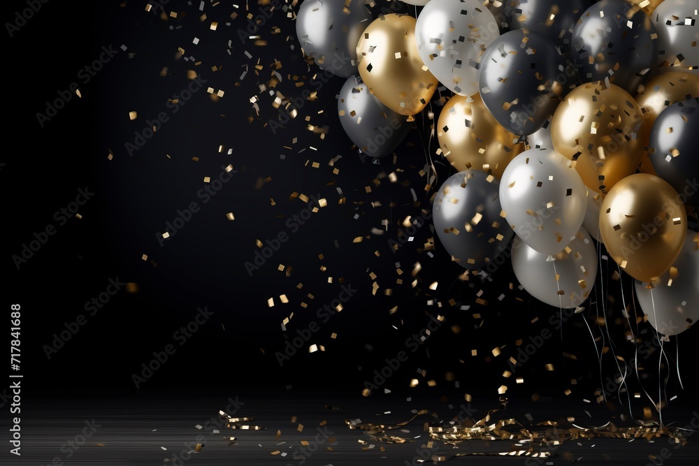 Gold and silver balloon with confetti dark background with generative ai Gold and silver balloon with confetti dark background with generative ai