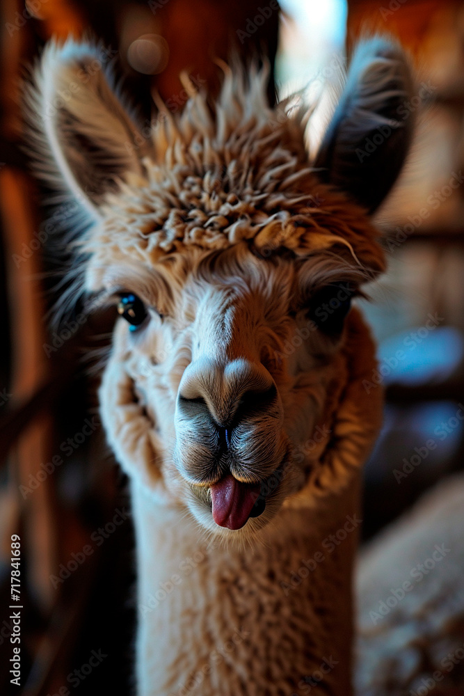 Obraz premium Portrait of an alpaca on a farm. Selective focus.