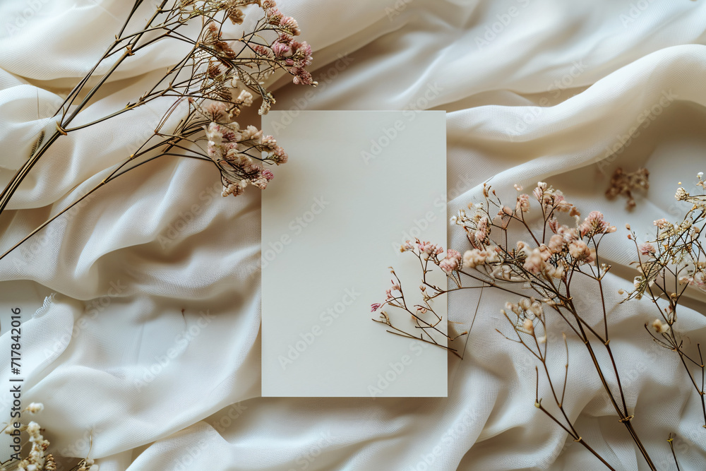 Post paper Card Mockup, Wedding Invitation card Mockup Flat lay Photography against the dried plant and white flowers