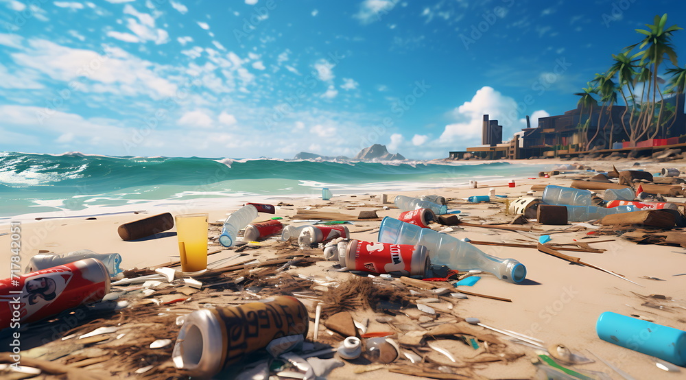 a pile of plastic in a beach near the ocean. Generative AI a pile of plastic in a beach near the ocean. Generative AI