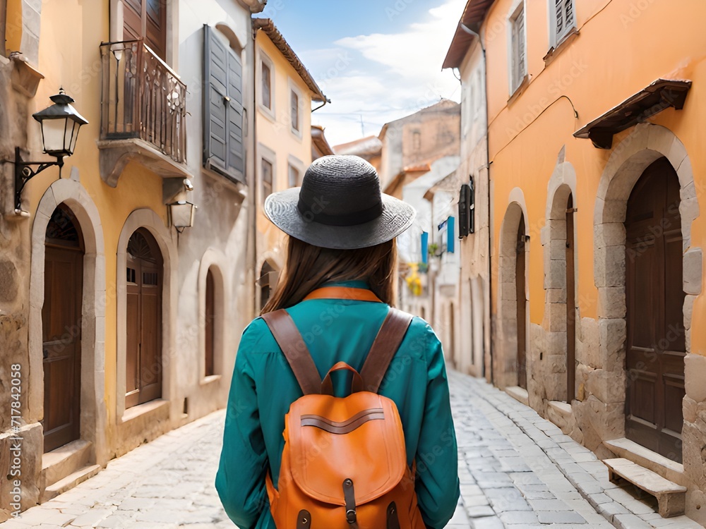 Fototapeta premium young woman with backpack in the city