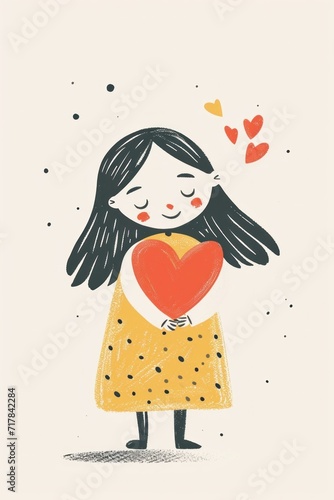 A sweet girl holds a red heart with joy.