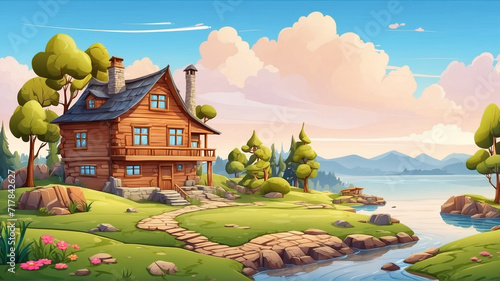 cartoon landscape with wooden home 