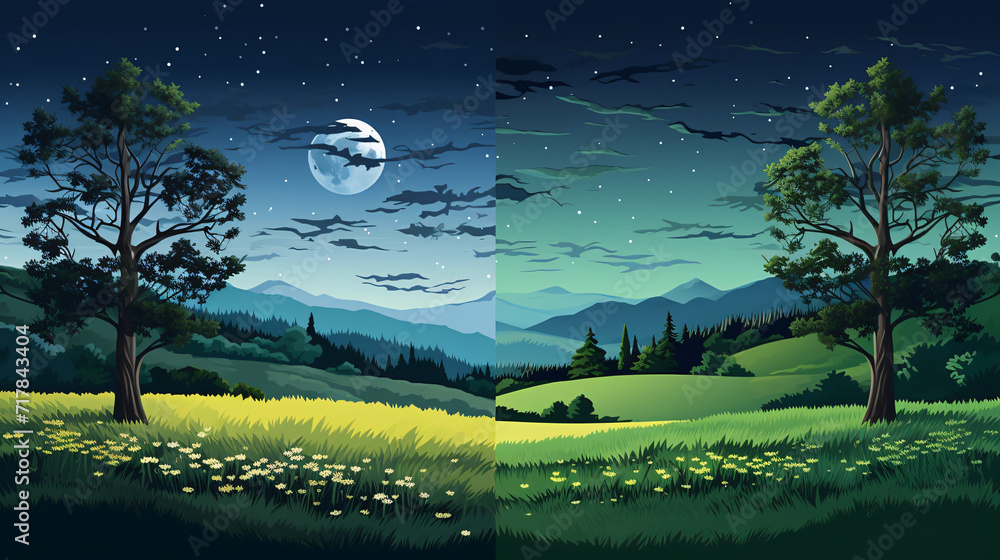 Day and night concept of summer rural landscape