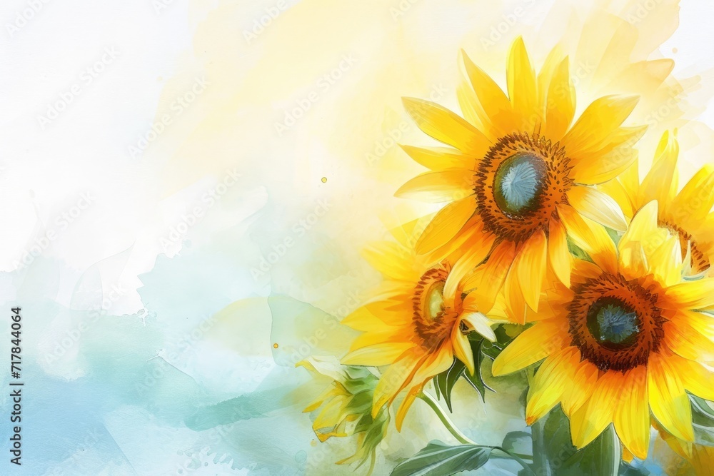 Obraz premium Watercolor Sunflowers in Full Bloom. Bright sunflowers painted in watercolor style, evoking a warm, sunny day.