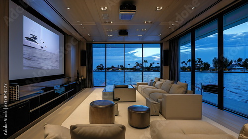 A modern waterfront home with a home theater that evokes the feeling of being on a grand yacht  thanks to large windows and surround sound speakers