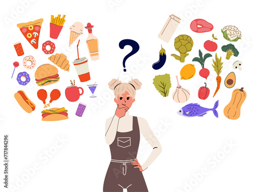 Woman compares healthy and fastfood in her head. Thoughts on fresh and junk food.  Proper nutrition and balanced menu. Harmful products and healthy food on both sides of the girl. Vector.