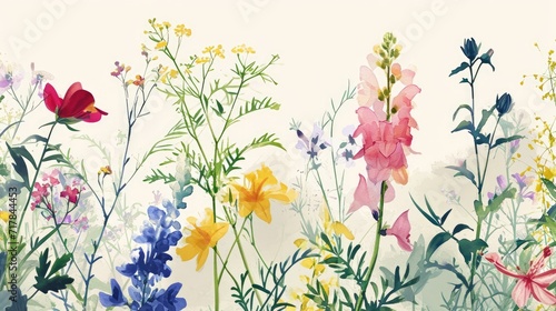Pastel Watercolor Wildflower Field. Soft pastel wildflowers in a watercolor field illustration.