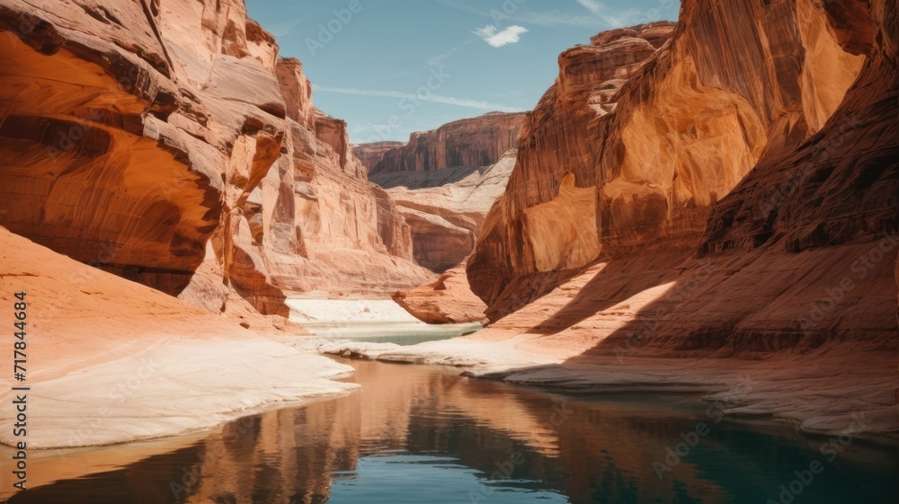 Arch in canyon wall with reflection of the abstract design on the waters of Lake Powell.  generative, AI.