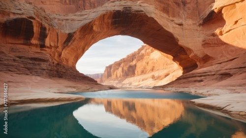 Arch in canyon wall with reflection of the abstract design on the waters of Lake Powell. generative, AI.