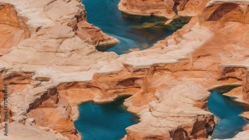 Arch in canyon wall with reflection of the abstract design on the waters of Lake Powell. generative, AI.