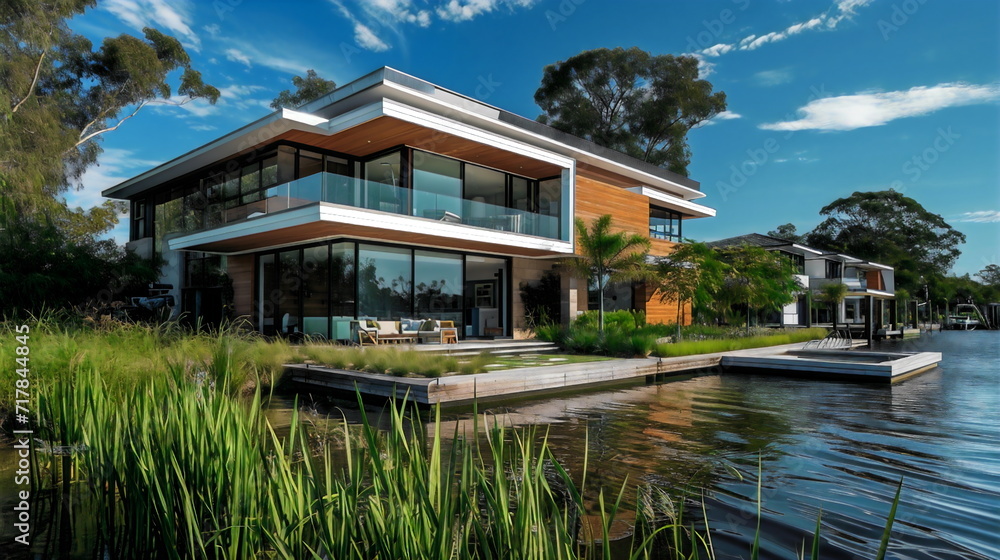 A contemporary waterfront house that uses rainwater collection to provide water for domestic use and irrigation lessens dependency on city supplies