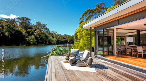 A contemporary waterfront house that provides a peaceful area to unwind and take in the peaceful waters, featuring a large deck that looks out over a quiet cove. photo