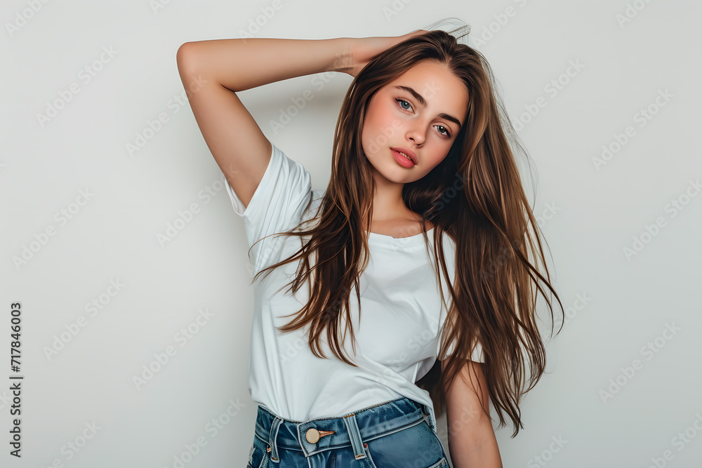 Young beautiful woman with long hair in white t shirt posing with blue jeans Young beautiful woman with long hair in white t shirt posing with blue jeans
