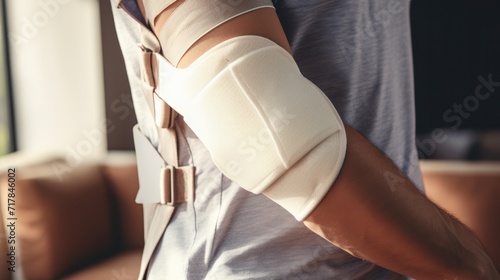 Closeup of Injured Man with Bandage and Splint on Broken Arm in Rehabilitation Concept for Healthcare and Insurance Cover photo