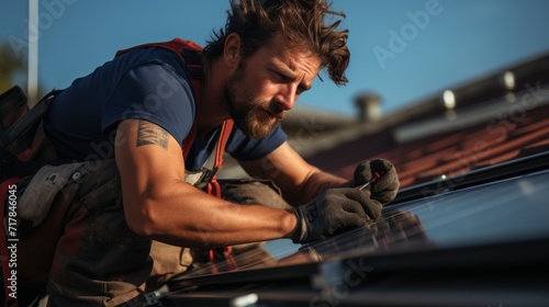 Handsome bearded man working on the solar panel rooftop. photo