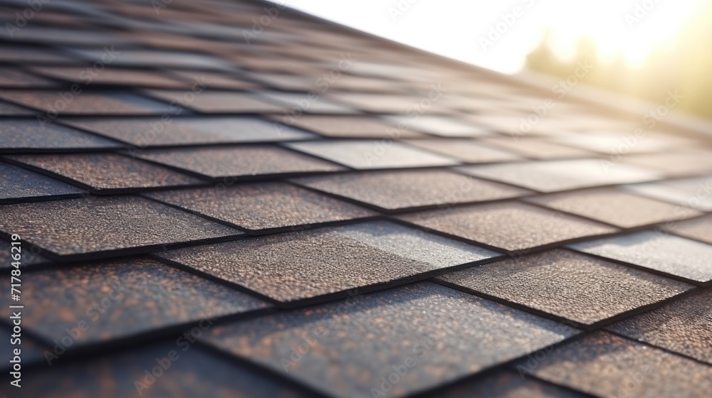 Detailed Close-Up of Architectural Asphalt Shingles Installation on Roof Edge for Construction and Renovation Background Texture. - obrazy, fototapety, plakaty 