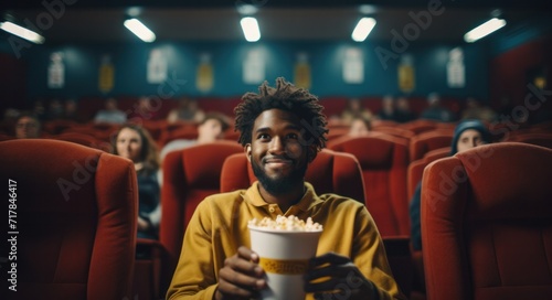 Entertained African American Man Enjoying Popcorn in Movie Theater photo