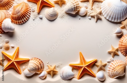 Starfish and shells on white sand, summer background.